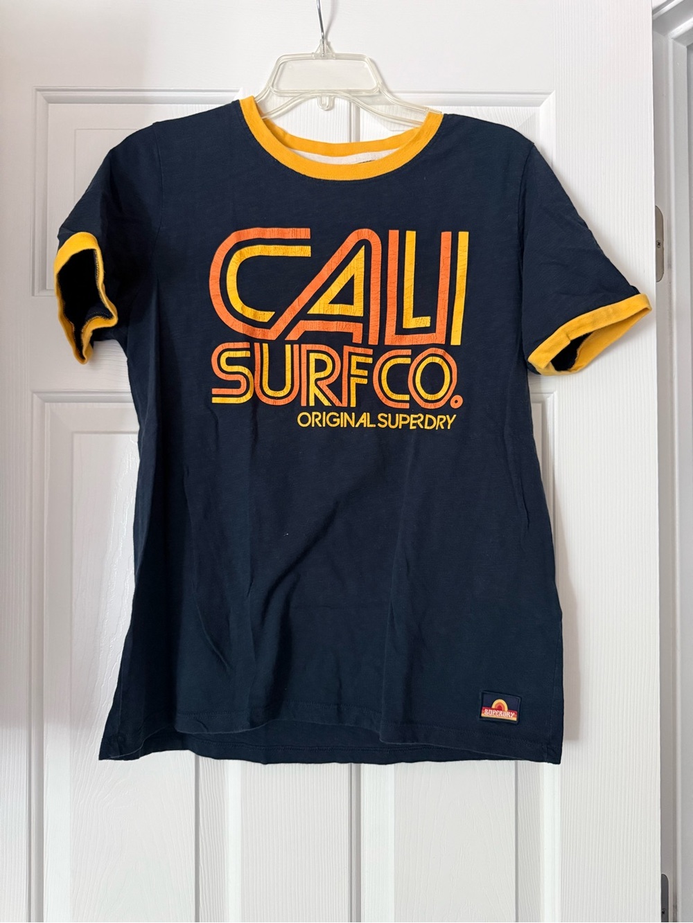 Superdry Navy Tee with Yellow Trim and Orange 'Cali Surf Co.' Graphic